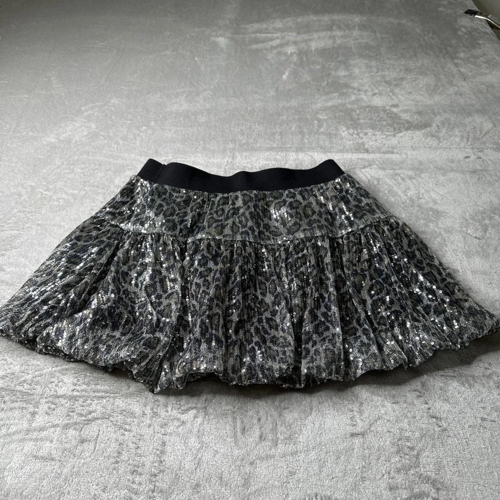 Justice Leopard Print Sequin Skirt Sz 18 Elastic Waist Bling Y2K